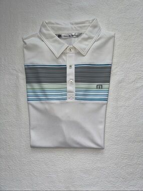 NWOT Men's White Polo Shirt with Blue Gray Teal Stripe M